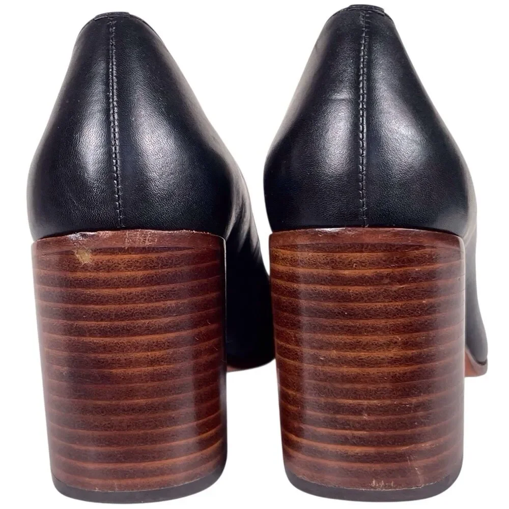 Patricia Nash Anita Black Leather Block Heel Pumps Size 7 Almond Toe